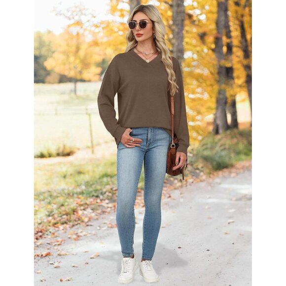 Women Sweatshirt V-Neck Ribbed Panels Fall Casual Cozy Long Sleeve - Picture 4 of 5